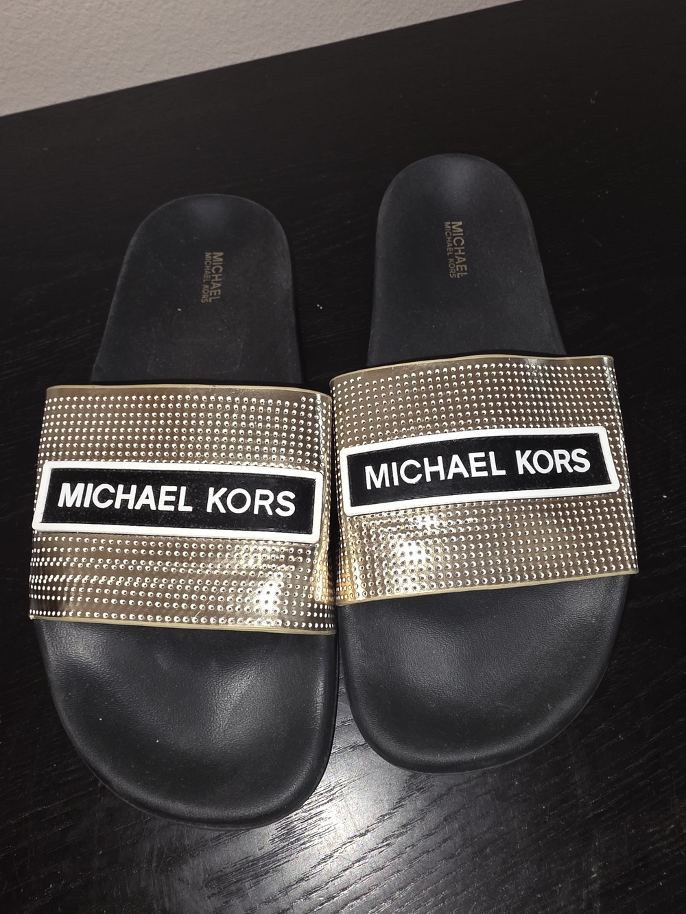 Michael Kors Women's Gold Metallic Logo Slide Sandals